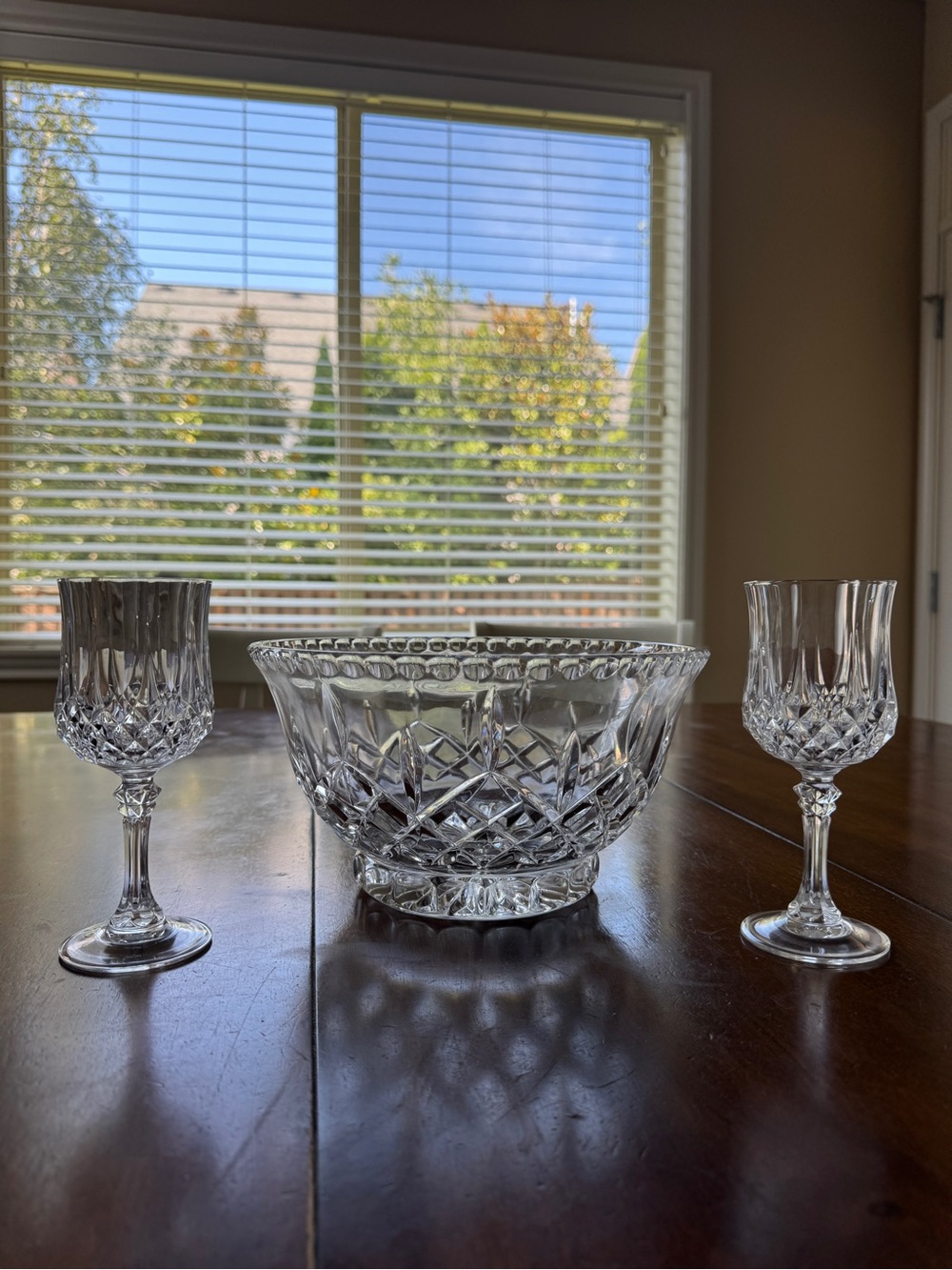 Cut Leaded Crystal Serving Bowl with Matching Crystal Goblets - Clear